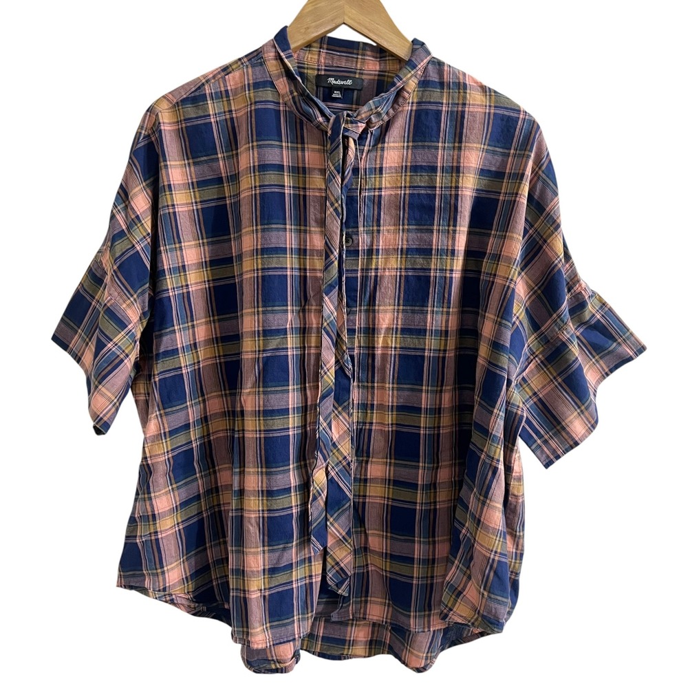 Madewell Plaid Tie Neck Shirt XXL Women Navy Pink Cotton Oversized Short Sleeve